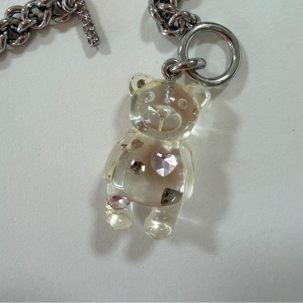 Coach Clear Resin Bear Pendant Necklace w Floating Heart Gem 15” Chain + Pouch